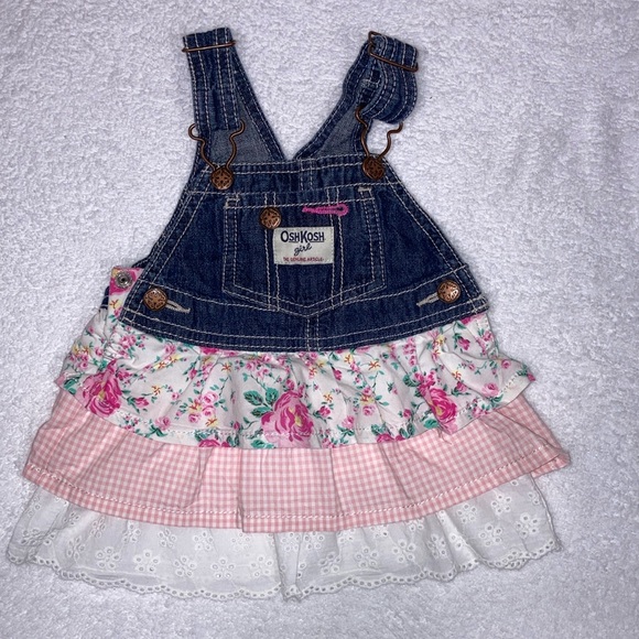 OshKosh B'gosh Other - OshKosh B'Gosh Denim Overalls Dress  Tiered VestBack Flowers Gingham Pink 9m